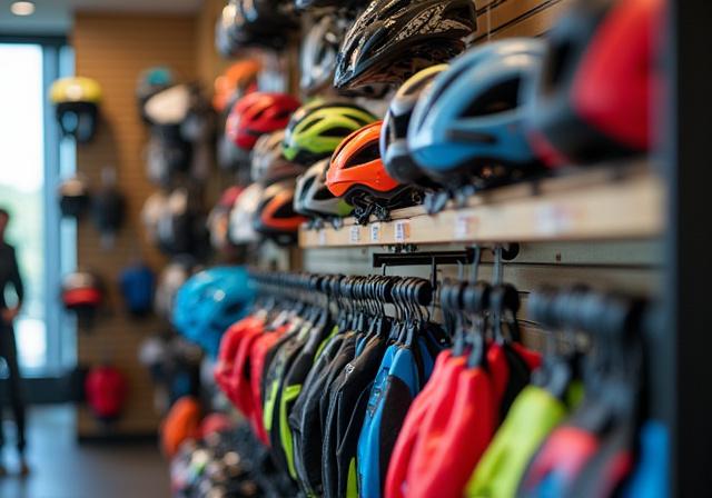 Accesorios de ciclismo como cascos y guantes en exhibición